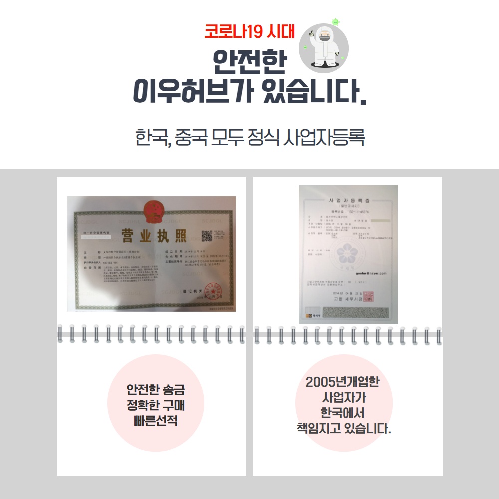 이우허브의 중국 영업집조(义乌市熙守贸易商行)와 한국 사업자등록증 실물